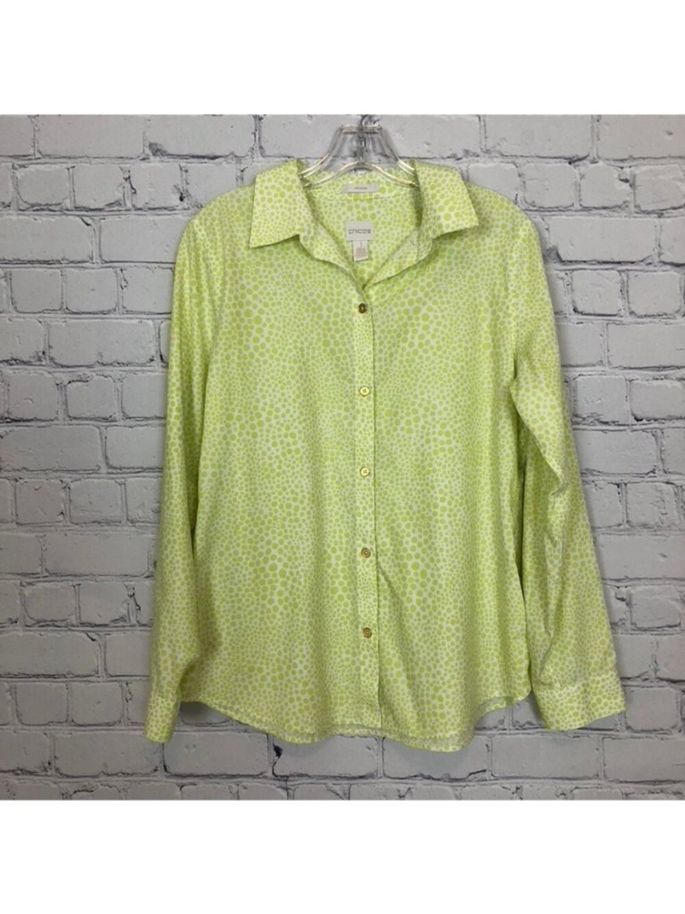 Chicos No Iron Buttondown Shirt Size 1 Chartreuse White Polka Dot